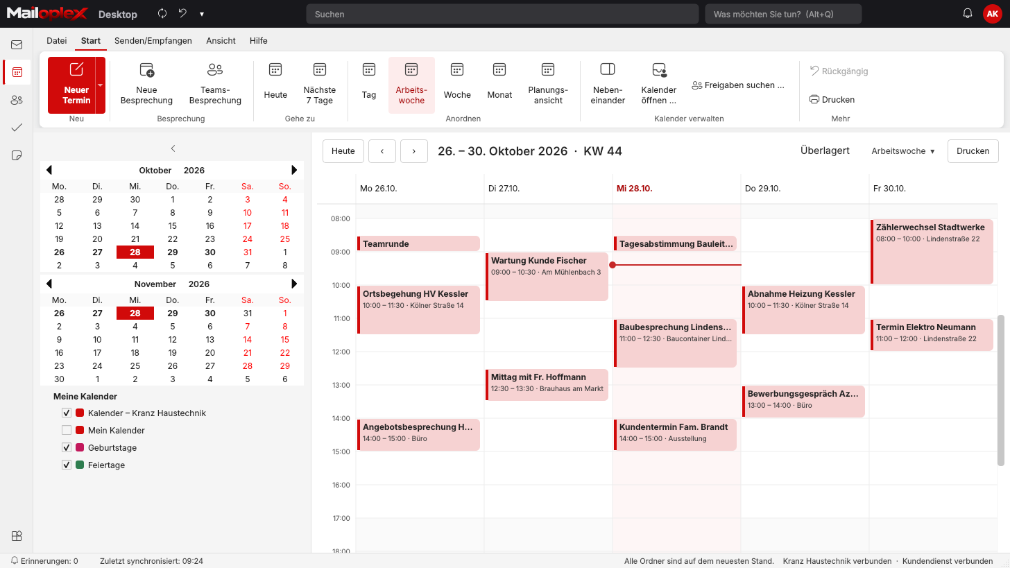 Kalender in Mailoplex Desktop, Arbeitswoche