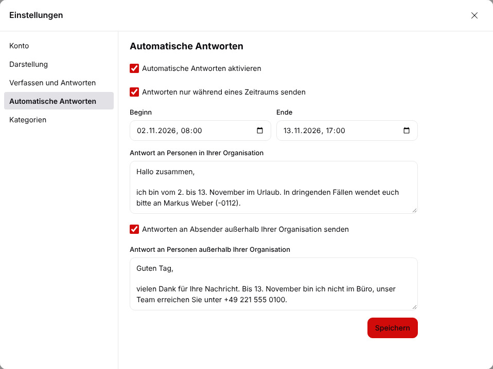 Einstellungen für automatische Antworten mit getrennten Texten für intern und extern