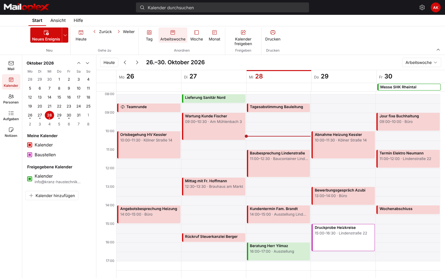Kalender in der Arbeitswochenansicht mit Terminen und freigegebenem Kalender
