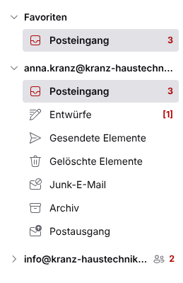 Ordnerliste mit eigenem Postfach und freigegebenem Postfach info@