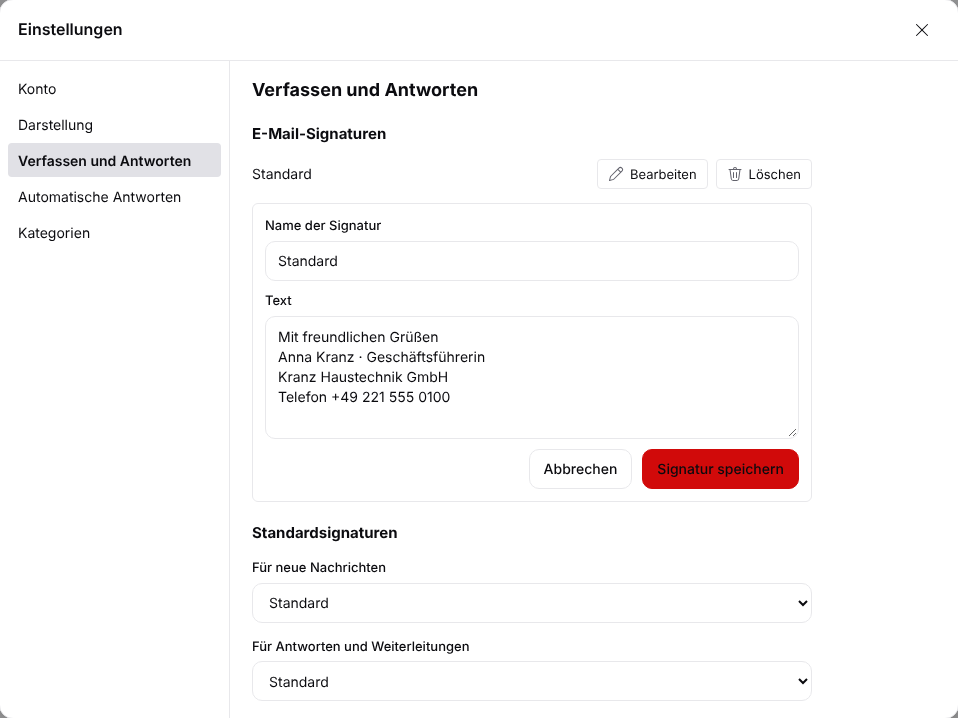 Signatureinstellungen mit Standardsignatur für neue Nachrichten und Antworten
